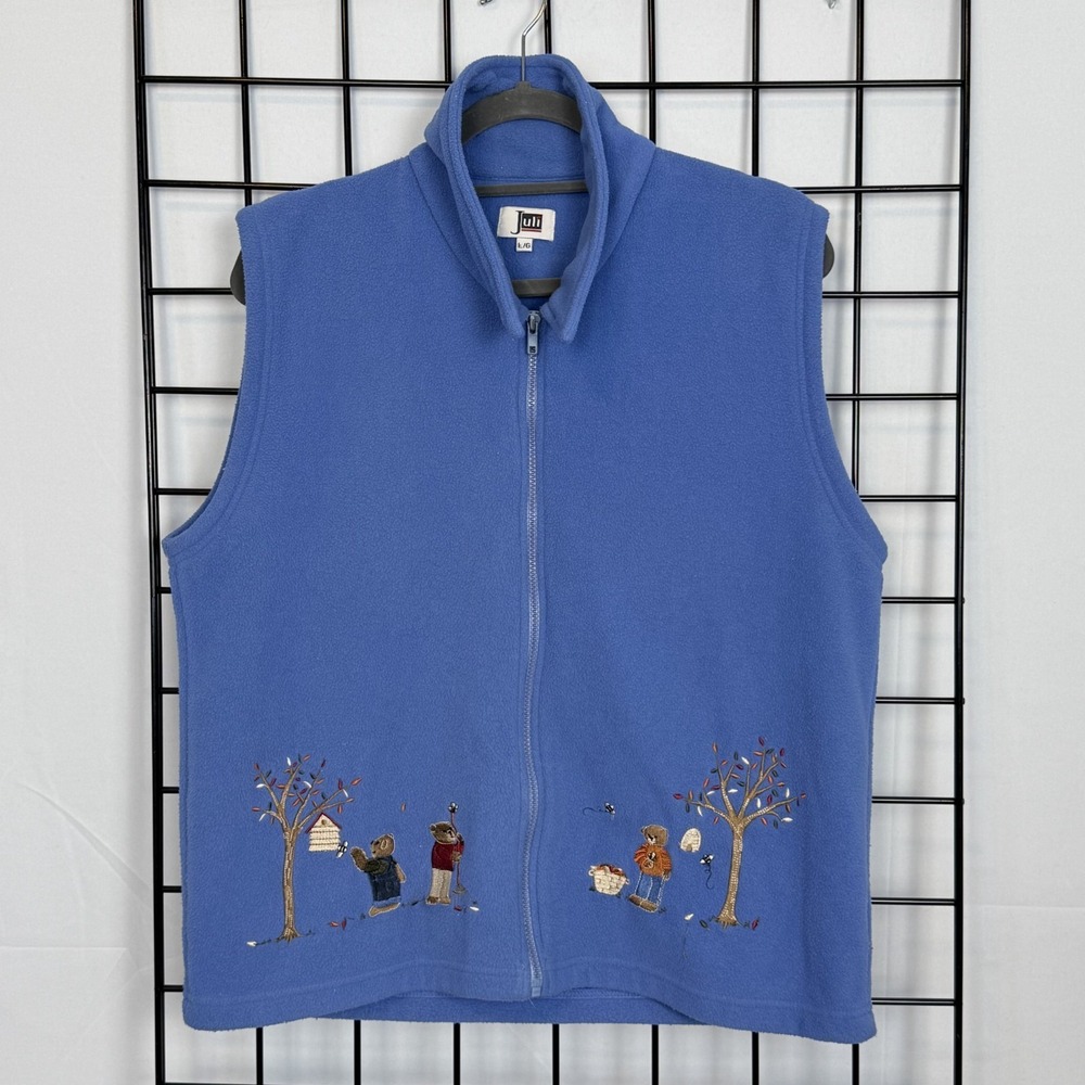 Fall Teddy Bear Embroidered Fleece Vest Womens L Large‎ Blue Cottagecore Grandma